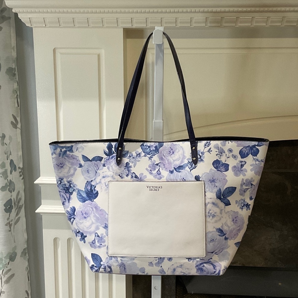 Victoria's Secret White and Blue Large Floral Tote